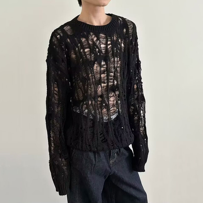 Turtleneck Sweater Men - Vintage Ripped Hollow Out Mesh Knit