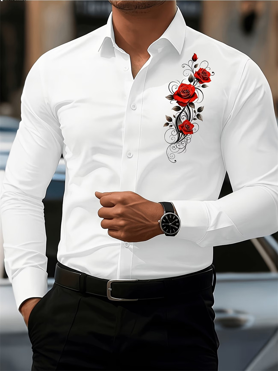 Men's Red Rose Print Long-Slee - đánh giá và giá Men'S Tops Fashion